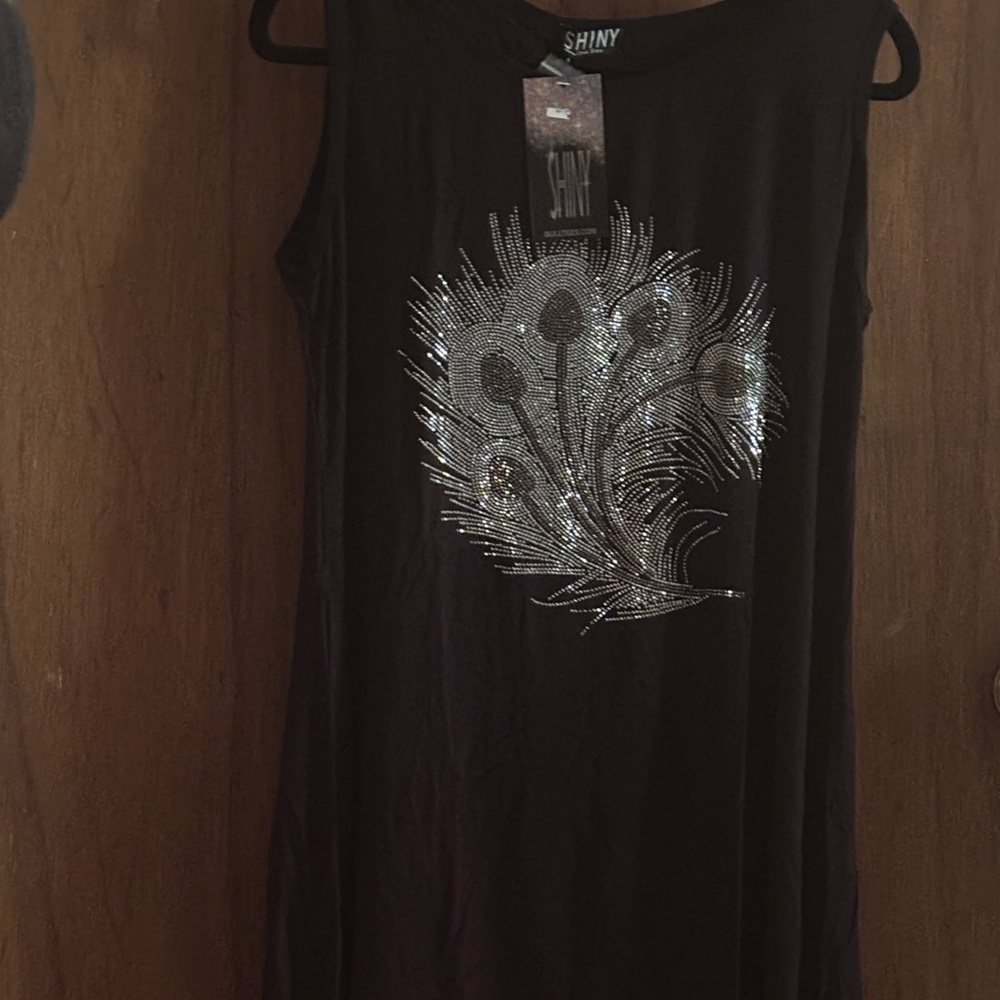 Shiny Black asymmetrical Tank Top with Silver Peacock Feather Design
